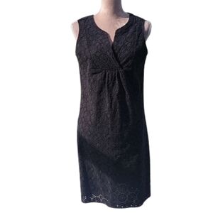 Alfani, Size 10, Black Medallion Eyelet V Neck Midi Sleeveless Dress. Lined, EUC